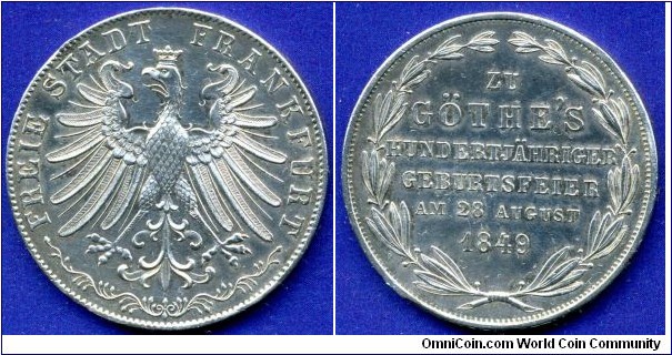 2 Gulden (Doppelgulden).
Freie Stadt Frankfurt.
Göthe's 100-years Anniversary.
Edge lettering: ***ZWEI***GULDEN***.
Mintage 8,500 units.


Ag900f. 21,21gr.