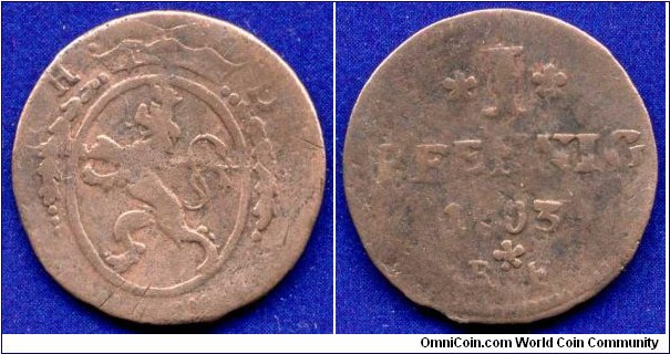 1 pfennig.
Hessen-Darmstadt.
Ludwig X (1790-1806).
*RF* - mintmaster Remigius Fehr, work in 1799-1809.


Cu.