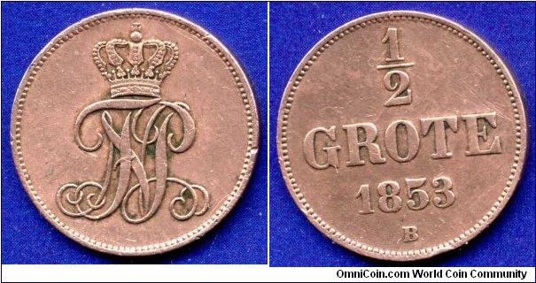 1/2 grote.
Oldenburg.
Nicolaus Friedrich Peter (1853-1900).
*B* - Hannover mint, mintmaster Theodor Wilhelm Bruel.
Mintage 72,000 units.


Cu.