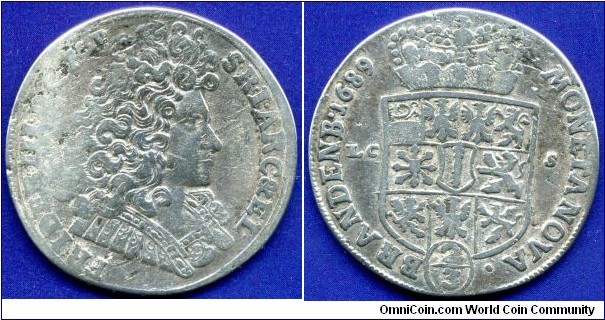 2/3 Thaler (Gulden).
Brandenburg-Preussen.
Friedrich III (1688-1701).
*LCS* - Berlin mint, mintmaster Lorentz Christoph Schneider, work in 1682-1701.


Ag.