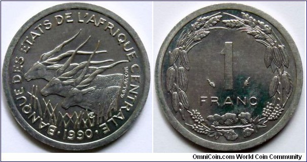1 franc.
1990, Central African States