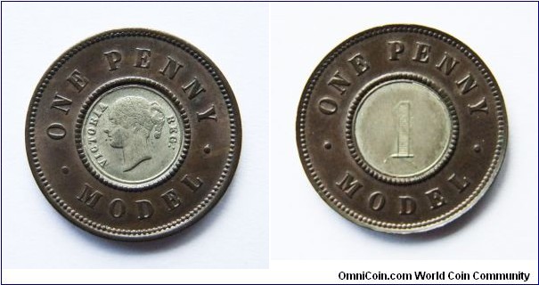 Victorian model penny. 1844-1848 by Joseph Moore, Copper with white metal centre.