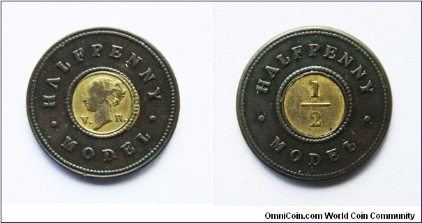 Model halfpenny. 1844-1848 by Joseph Moore, Copper with brass centre.