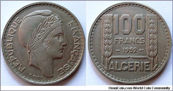 100 francs.
1952, French Protectorate. Cu-ni. Weight; 12g. Diameter; 29,8mm. Design; Pierre Turin. Mintage; 12.000.000 units.