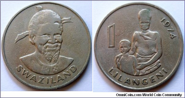 1 lilangeni.
1974, King Sobhuza II. Cu-ni. Weight; 11,65g. Diameter; 30mm. Mintage; 127.000 units.