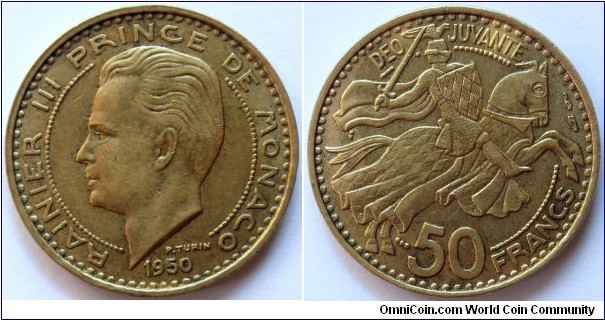 50 francs.
1950, Prince Rainier III. Bronze. Weight; 8g. Diameter; 27mm. Mintage; 500.000 units.