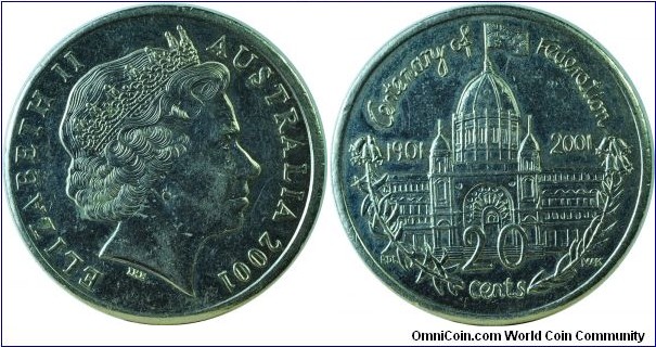 Australia20Cents-100yrsFederation-km556-2001