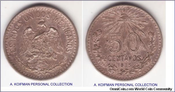 KM-445, 1913 Mexico 50 centavos; silver, lettered edge; about extra fine or so, nice patina.