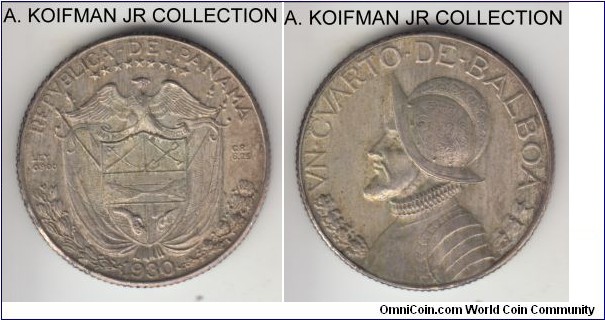 KM-11.1, 1930 Panama quarter balboa; silver, reeded edge; first and more common year, nicely toned extra fine to good extra fine.
