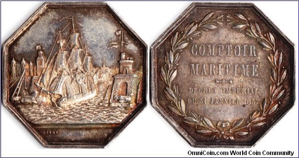 a silver jeton that is rarely seen on the market, issued for the `Comptoir Maritime' a french maritime assurers syndicate. R1 rarity.
