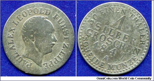 1 silber groschen.
Lippe-Detmold.
Paul Alexander Leopold (1820-1851).
*A* - Berlin mint.
Mintage 750,000 units.


Ag312f. 1,55gr.