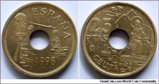 25 pesetas. 1998, Ceuta.
Cu-Ni-Al-Fe-Mn. Weight; 4,25g. Diameter; 29,5mm. Plain edge. Mint; Fabrica Nacional de Moneda y Timbre - Real Casa de la Moneda, Madrid. Mintage; 184.360.000 units.