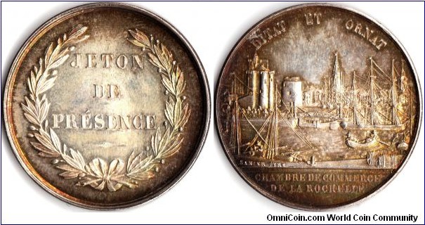 silver jeton de presence minted for La Rochelle Chambre de Commerce circa 1880. The reverse shows a harbour view of La Rochelle