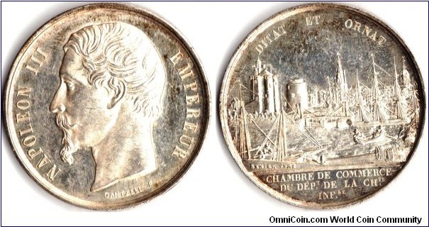 silver jeton de presence minted for La Rochelle Chambre de Commerce circa 1856. Bust Louis Napoleon obvers/ harbour view reverse.