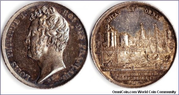 Scarcer silver jeton de presence minted for La Rochelle Chambre de Commerce in 1842 (prou de navire poincon on edge). Bust of Philippe I obverse/ harbour view reverse. This one quite darkly toned