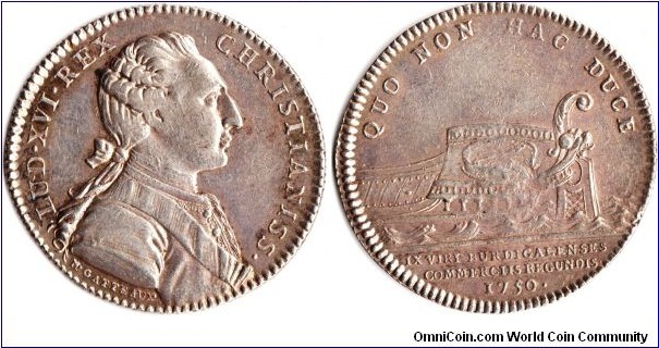 Silver jeton minted in 1750 for Bordeaux Chambre de Commerce. Obverse a young Louis XVI, reverse  the stern of a ship with compass
