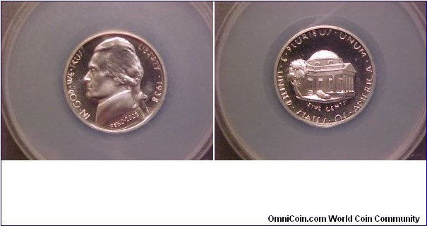 A 2002 restrike of the original design of the 1938 Jefferson nickel struck in silver.