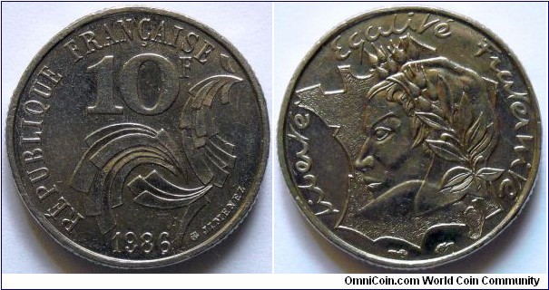 10 francs.
1986, Madame Republique. Ni. Weight; 6,5g. Diameter; 21mm. Mint; La Monnaie de Paris, Pessac. Withdrawn from circulation 18.02.1987. Mintage; 87.942.011 units.