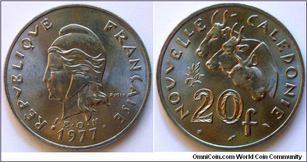 20 francs.
1977, New Caledonie.
Ni. Weight; 10g. Diameter; 28,5mm. Design; Raymond Joly. Mintage; 350.000 units.