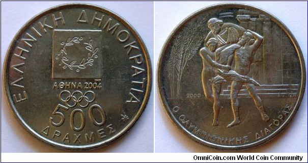 500 drachmes.
2000, 28th Olympic Games - Athens 2004.
Diagoras. Cu-ni. Weight; 9,54g. Diameter; 28,5mm. Minted in Athens. Mintage; 4.000.000 units.