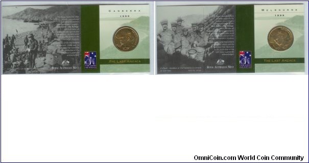 1999 $1 The Last ANZACS folder Left - 'C' mint mark (mobile press at the Mint) & Right - 'M' mint mark (mobile press at the Royal Melbourne Show)