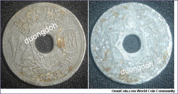 Extremely rare coin, KM#20a, 
Zinc, 21 mm. Obv: Center hole divides RF, liberty cap above,
wreath surrounds Rev: Denomination divided by center hole and
grain sprigs
Mintage: only 185,000 pieces for both 1939 and 1940