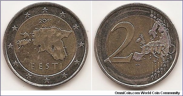 2 Euro
KM#68
8.5200 g., Bi-Metallic, 25.70 mm. Obv: Map of Estonia Rev: Large value at left, modified outline
of Europe at right