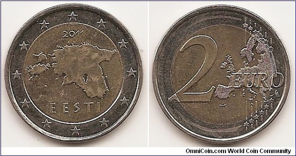 2 Euro
KM#68
8.5200 g., Bi-Metallic, 25.70 mm. Obv: Map of Estonia Rev: Large value at left, modified outline
of Europe at right