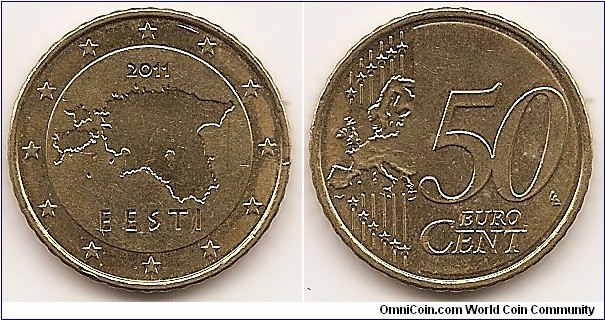 50 Euro cent
KM#66
7.8100 g., Brass, 24.20 mm. Obv: Map of Estonia Rev: Modified outline of Europe at left, large value at right Edge: Reeded