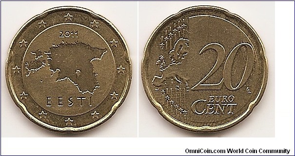 20 Euro cent
KM#65
5.7300 g., Brass, 22.10 mm. Obv: Map of Estonia Rev: Modified outline of Europe at left, large value at right Edge: Notched
