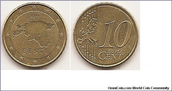 10 Euro cent
KM#64
4.0700 g., Brass, 19.70 mm. Obv: Map of Estonia Rev: Modified outline of Europe at left, large value at right