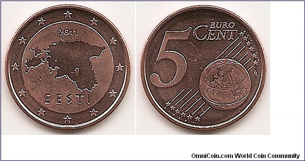 5 Euro cent
KM#63
3.8600 g., Copper Plated Steel, 21.20 mm. Obv: Map of Estonia Rev: Large value at left, globe at lower right Edge: Plain