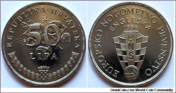50 lipa.
1995, European Footbal Championship, England '96. Nickel plated Steel. Weight; 3,65. Diameter; 20,50mm. Mintage; 900.000 units.