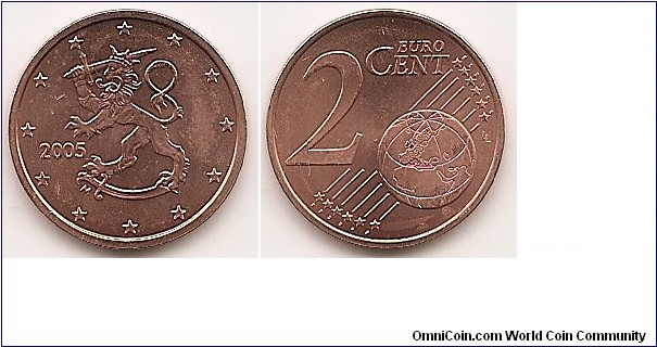 2 Euro cent
KM#99
3.0000 g., Copper Plated Steel, 18.8 mm. Obv: Rampant lion surrounded by stars, date at left Obv. Designer: Heikki Häiväoja Rev: Denomination and globe Rev. Designer: Luc Luycx Edge: Grooved