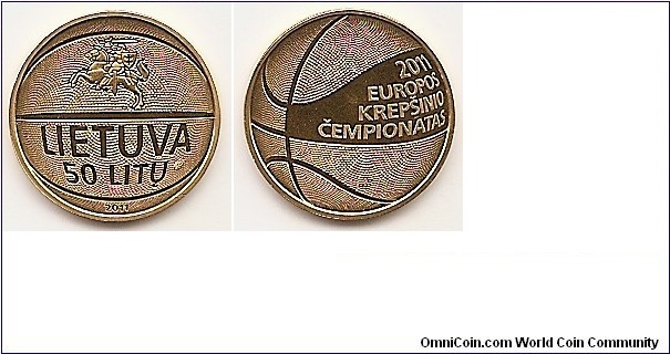 50 Litu
KM#176
Coin dedicated to basketball. Golden (Au 999,9) Quality proof (mirror surface with mat relief) Diameter 16,25 mm Weight 3,10 g. The obverse  alloy feature a stylized basketball ball and Vytis, the symbol of the state emblem of the Republic of Lithuania, an inscription LIETUVA (Lithuania), the inscription of the denomination – accordingly, 50 LITŲ (50 litas) or 1 LITAS (1 litas), and the year of issue 2011. The reverse alloy feature a stylized basketball ball and an inscription 2011 EUROPOS KREPŠINIO ČEMPIONATAS (The European Basketball Championship 2011). Designed by Liudas Parulskis ir Giedrius Paulauskis. Mintage 5,000 pcs. Issue 21.06.2011. The coin was minted at the UAB Lithuanian Mint.

