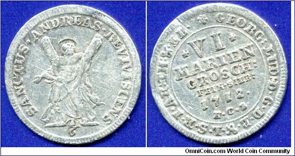 6 marien groschen (1/6 Thaler).
Braunschweig-Calenberg-Hannover.
Georg I (1714-1727).
*HCB* - mintmaster Henrich Christian Bonhorst, work on Zellerfeld mint in 1711-25.



Ag.