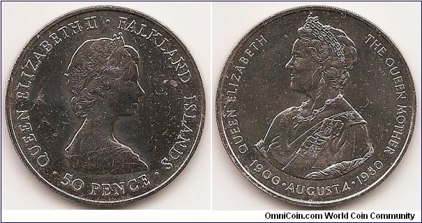 50 Pence
KM#15
Copper-Nickel, 38.5 mm. Ruler: Elizabeth II Subject: 80th Anniversary - Birth of Queen Mother Obv: Young bust right Rev: Queen Mother's bust left