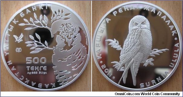 500 Tenge - Surnia Ulula - 31.1 g Ag .925 Proof - mintage 5,000