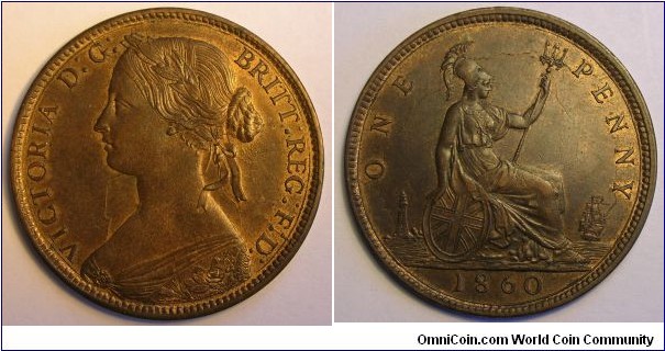 UK penny 1860. F014; Peck 1626; Satin 13; Gouby 1860M/Ee. LCW Below Foot. UK:EF w traces of lustre.