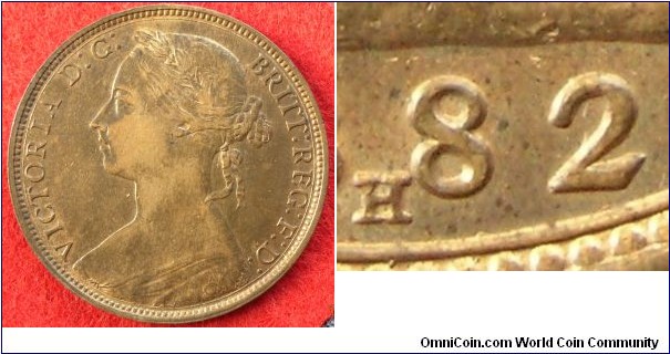 UK penny 1882H. F114; Gouby 1882M/Rp. 1882/1. This difficult to see on image. Variety also distinguishable by position of 2 wrt border teeth. UK: EF with lustre. Ex- J Workman collection.