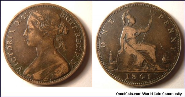 UK penny 1861. F032; Peck 1645a; Satin 35; Gouby 1861M/Jf. UK: nVF/F.
