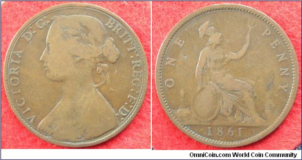 UK Penny 1861. F028; Peck--; Satin32; Gouby 1861J/Hg. UK: Fair.