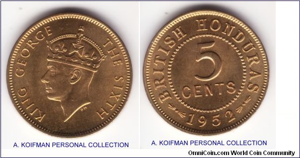 KM-25, 1952 British Honduras 5 cents; nickel-brass, plain edge; nice bright uncirculated specimen