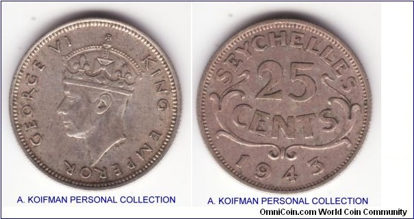 KM-2, 1943 Seychelles 25 cents; silver, reeded edge; very fine, obverse is better, reverse is a bit tatty but mintage of 36,000 makes it a scarce one