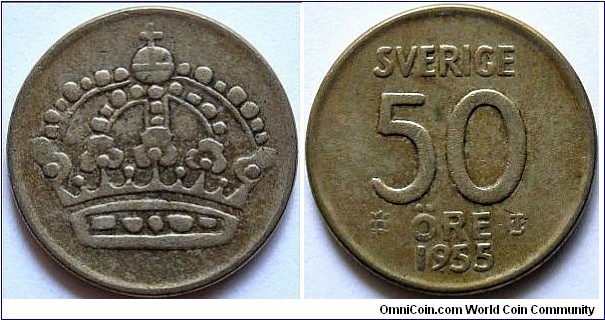 50 ore.
1955, Ag400. Weight; 4,8g. Diameter; 22mm.
Plaine edge. Mint; Eskilstuna. Mintage; 2.699.700 units.