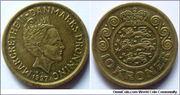 10 kroner.
1997, Cu-Al-Ni. Weight; 7g. Diameter; 23,35mm. Plain edge. Design; Jan Petersen / Mogens Moller. Mintage; 3.725.000 units.