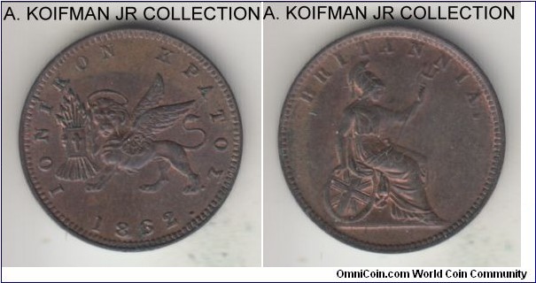 KM-34, 1862 Ionian Islands lepton; copper, plain edge; Victoria period, brown uncirculated, a hint of red luster.