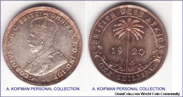 KM-12, 1920 British West Africa shilling; silver, reeded edge; nice almost uncirculated specimen of the scarce last year of issue, toned reverse