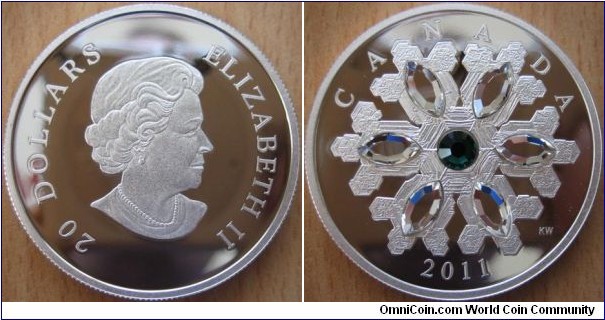 20 Dollars - Crystal snowflake emerald - 31.39 g Ag .999 Proof (with 7 Swarovski crystals) - mintage 15,000