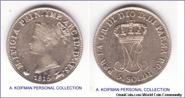 KM-C26, 1815 Parma (Italian State) 5 soldi under Duchess Maria Luigia; silver, plain edge; good extra fine, maiby higher grade as I have no experience with these coins; bright small coin; denomination is obviously re-cut as if originally this was supposed to have been a 6